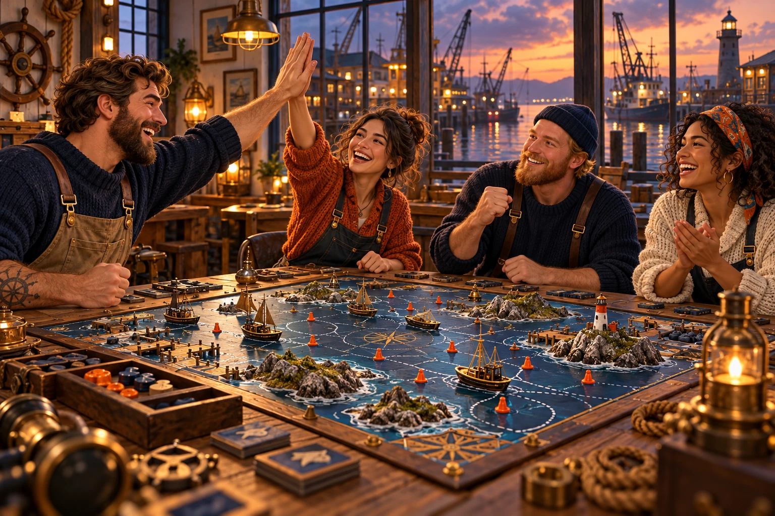 Brasswake Regatta illustrated tabletop game-night scene