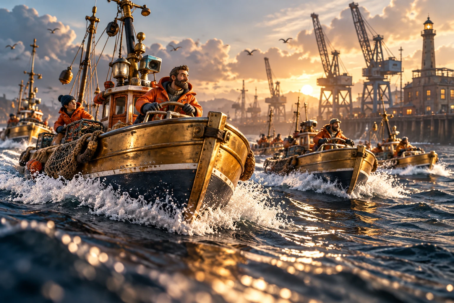 Brass fishing skiffs racing through the working harbour